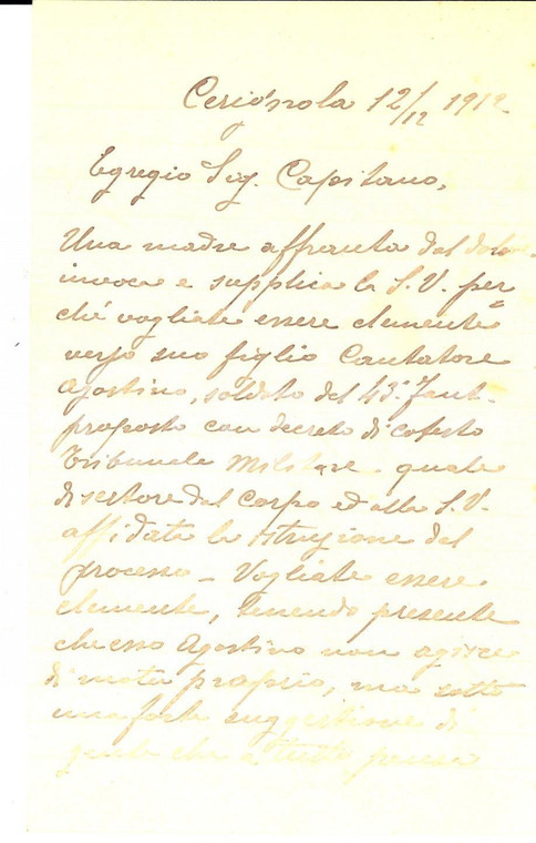 1912 CERIGNOLA (FG) Savino CANTARORE chiede clemenza per il reato del figlio