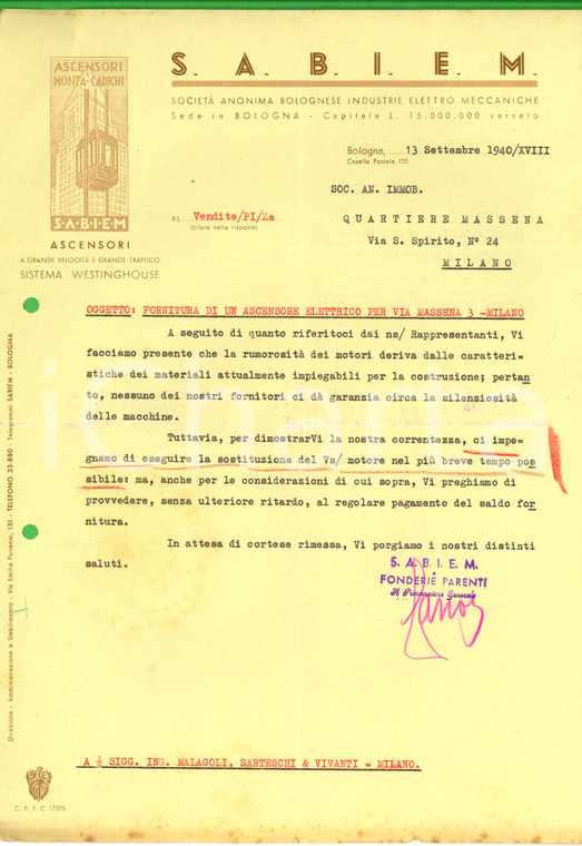 1940 BOLOGNA Ditta SABIEM - Lettera su un ascensore elettrico rumoroso