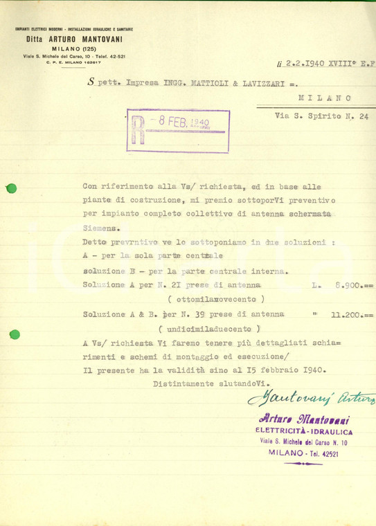 1940 MILANO Ditta Arturo MANTOVANI Impianti elettrici *Preventivo per impianto