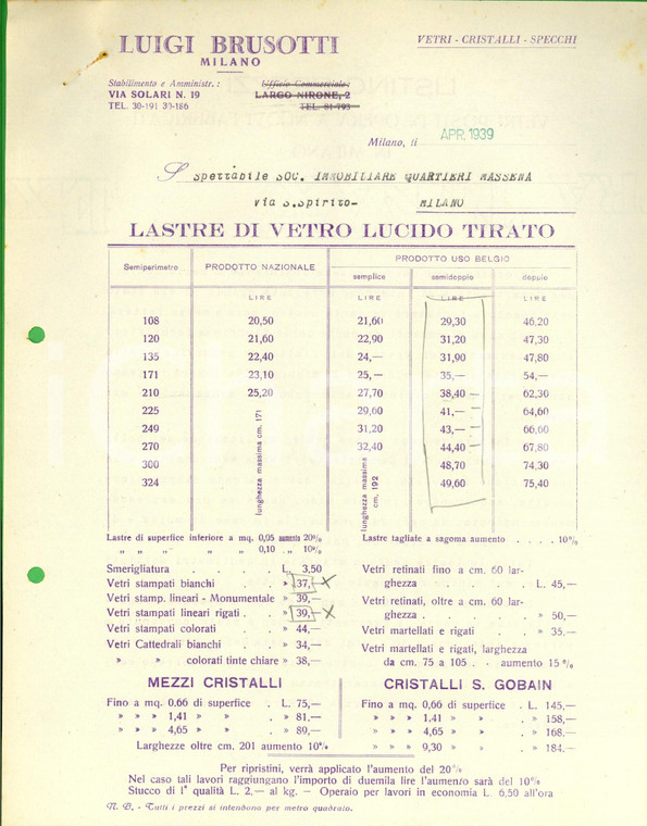 1939 MILANO Ditta Luigi BRUSOTTI cristalli *Preventivo lastre di vetro lucido