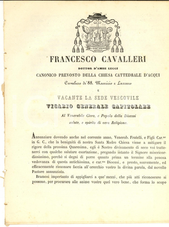 1869 ACQUI TERME (AL) Francesco CAVALLERI - Discorso per la Quaresima e indulto