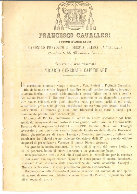 1871 ACQUI TERME (AL) Francesco CAVALLERI accoglie mons. GIuseppe SCIANDRA