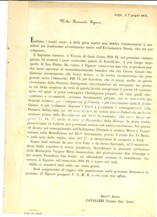 1871 ACQUI TERME (AL) Francesco CAVALLERI - Indulgenza per giubileo papa Pio IX