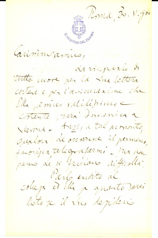 1899 ROMA Ministro Paolo BOSELLI promette l'invio di un volume *AUTOGRAFO