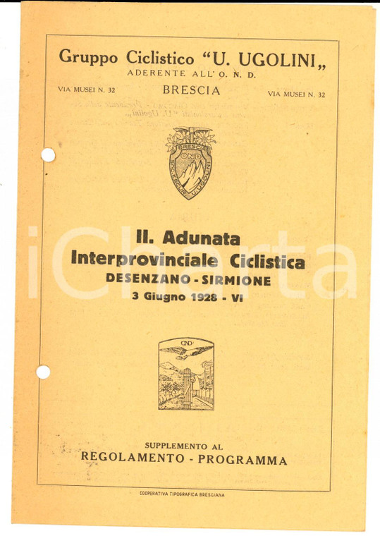 1928 CICLISMO BRESCIA Gruppo UGOLINI - II Adunata DESENZANO-SIRMIONE Programma