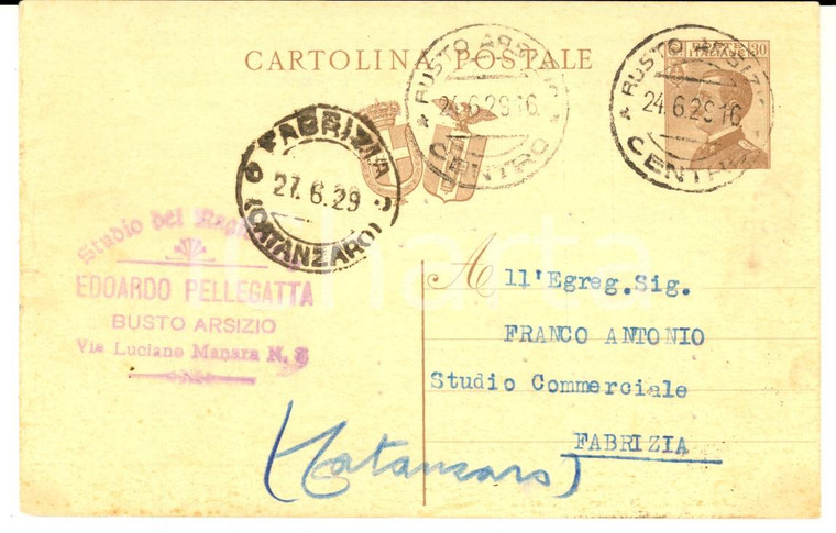 1929 BUSTO ARSIZIO Edoardo PELLEGATTA Ragioniere *Cartolina postale FP VG