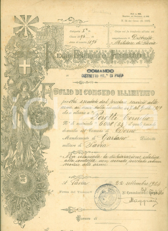 1924 GARLASCO (PV) Congedo illimitato soldato Cornelio PEROTTI *Documento