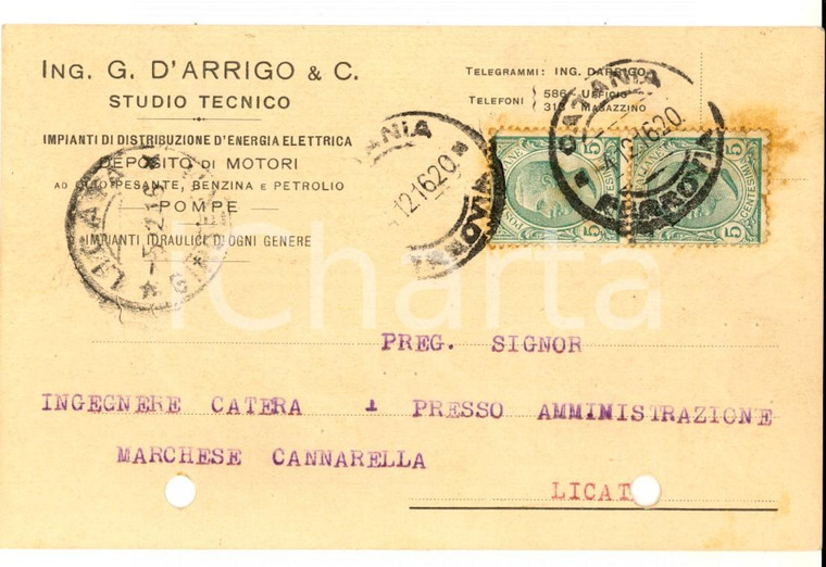 1916 CATANIA Ing. G. D'ARRIGO & C. Studio tecnico *Cartolina intestata