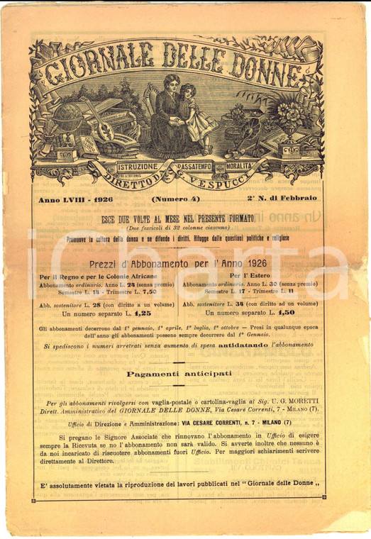 1926 GIORNALE DELLE DONNE Anno LVIII n°4 *In morte del cardinale MERCIER