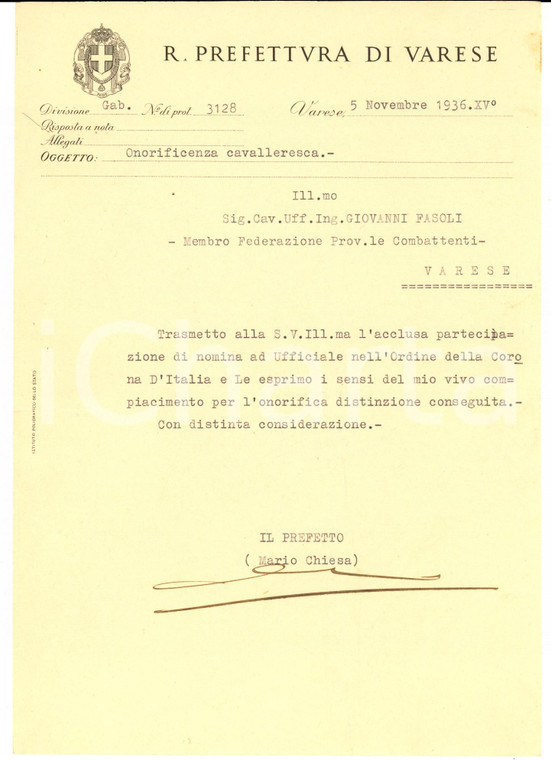 1936 VARESE Lettera Giovanni FASOLI ufficiale ORDINE DELLA CORONA D'ITALIA