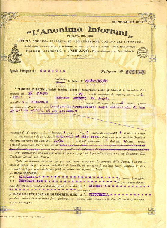 1929 CODOGNO (LO) ANONIMA INFORTUNI Assicurazioni - Polizza Antonio BELLONI