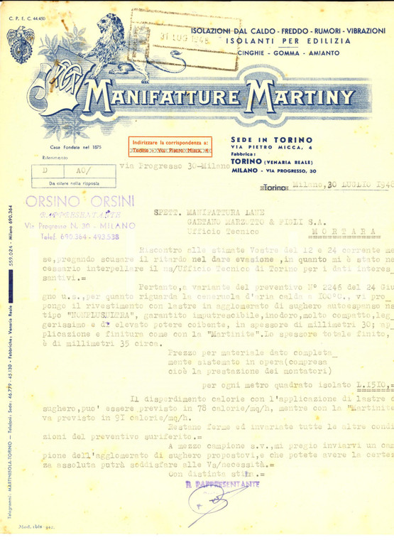 1948 MILANO Manifatture MARTINY Isolanti per edilizia *Lettera commerciale