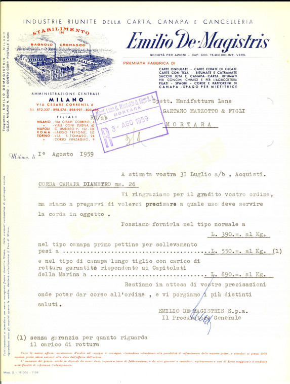 1959 MILANO Emilio DE MAGISTRIS Carta e cancelleria *Lettera fornitura canapa
