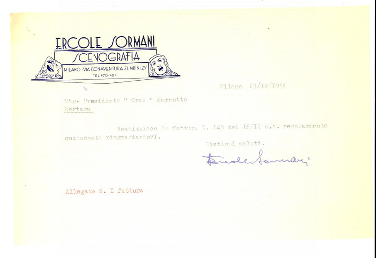 1954 MILANO Ercole SORMANI Scenografia - Lettera con firma AUTOGRAFA