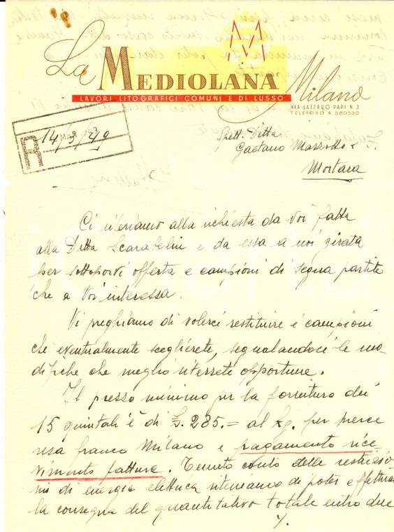 1949 MILANO Lavori tipografici LA MEDIOLANA *Lettera commerciale manoscritta