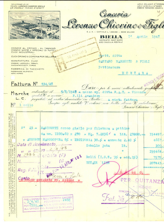 1948 BIELLA Conceria Lorenzo CHIORINO & Figli *Fattura intestata manicotti