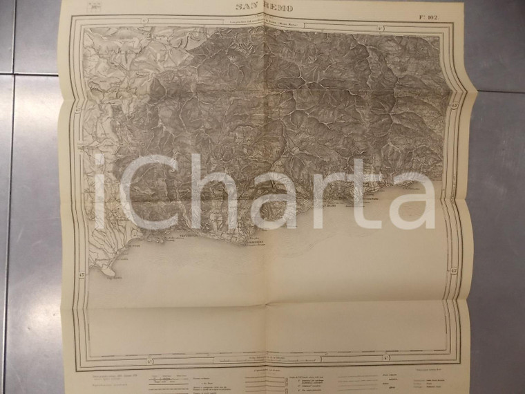 1898 Istituto Geografico Militare CARTA D'ITALIA - SANREMO *Mappa 45x45 cm