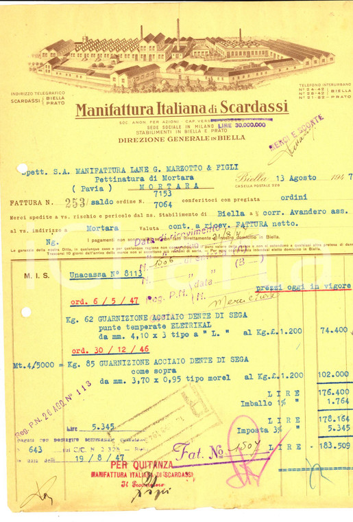 1947 BIELLA Manifattura Italiana di Scardassi *Fattura ILLUSTRATA per guarnizioni