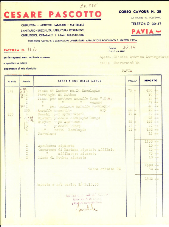 1944 PAVIA Cesare PASCOTTO chirurgia e sanitari *Fattura intestata