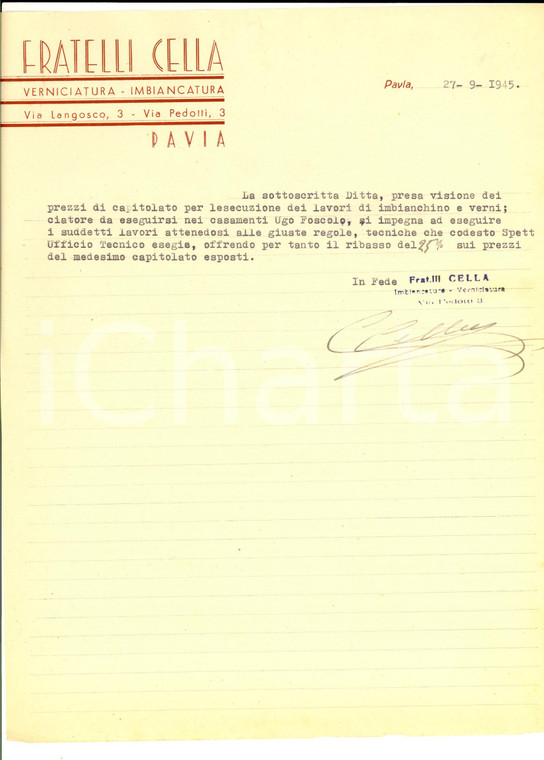 1945 PAVIA Fratelli CELLA Verniciatura imbiancatura *Lettera commerciale