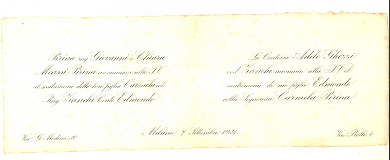 1921 MILANO Partecipazione nozze conte Edmondo ZANCHI - Carmela PIRINA