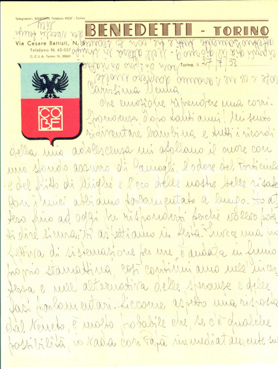 1953 TORINO Ditta BENEDETTI - Lettera personale su bella carta intestata 
