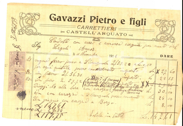 1914 CASTELL'ARQUATO Pietro GAVAZZI & Figli - carrettieri *Fattura trasporto