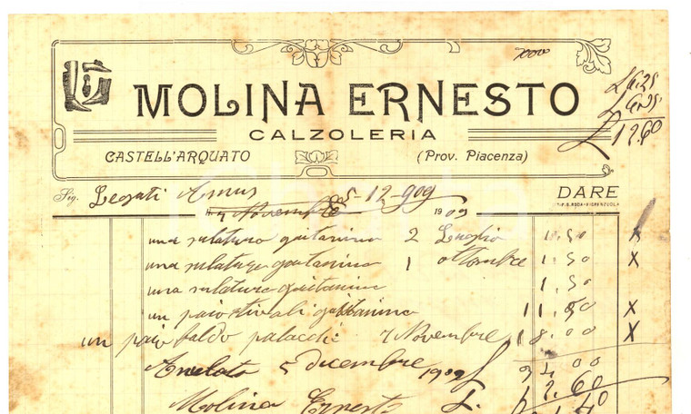 1909 CASTELL'ARQUATO (PC) Ernesto MOLINA calzoleria *Fattura intestata