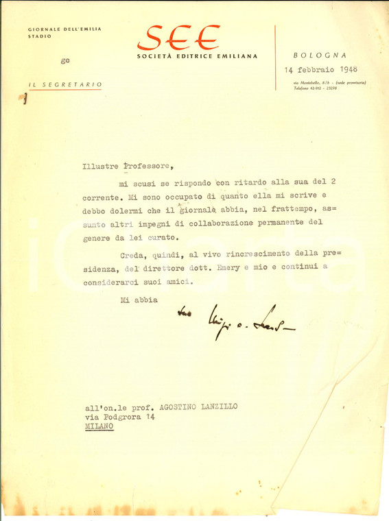 1948 BOLOGNA GIORNALE DELL'EMILIA Luigi SEARS rifiuta collaboratore *Autografo