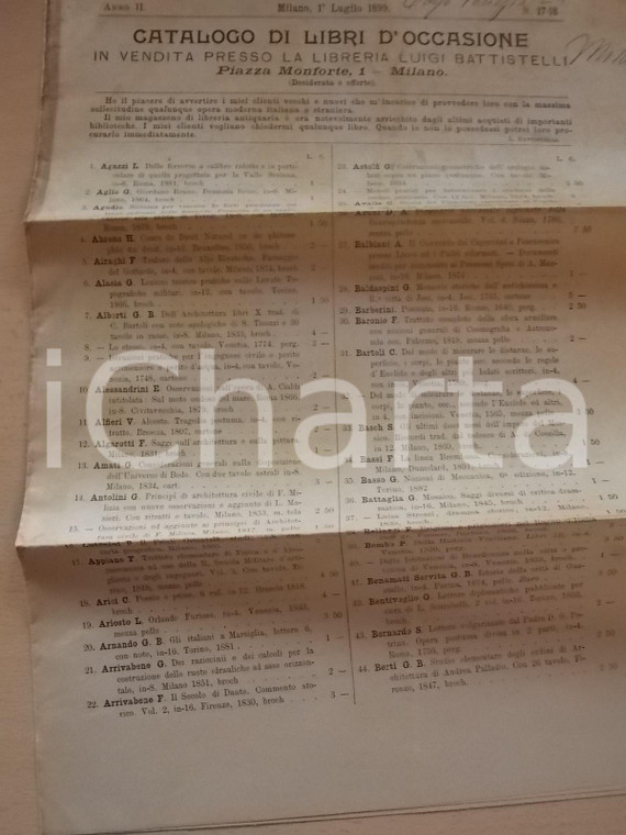 1899 MILANO Libreria Luigi BATTISTELLI Catalogo libri d'occasione n°17-18