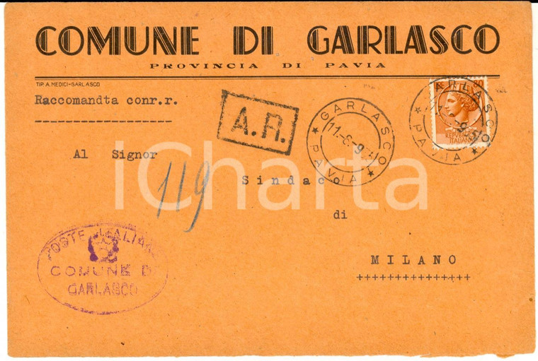 1955 COMUNE DI GARLASCO STORIA POSTALE Busta intestata affrancatura L. 80