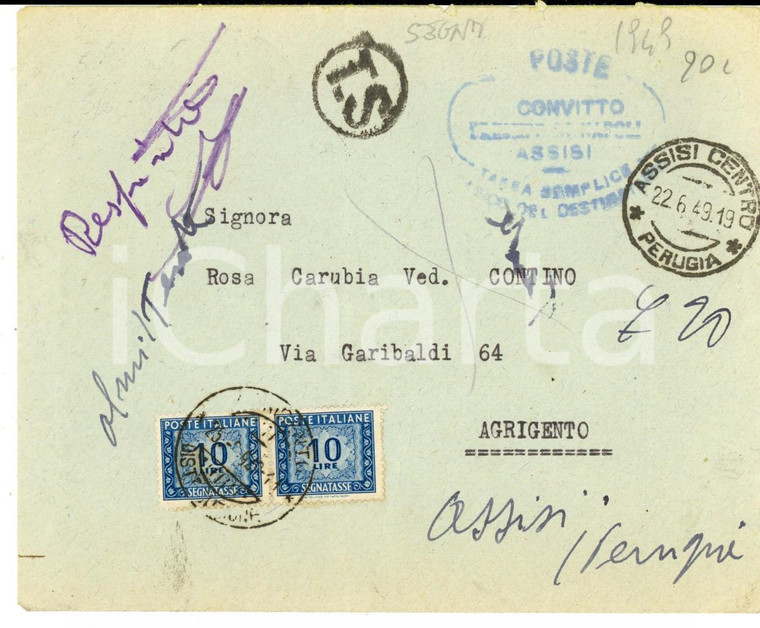 1949 STORIA POSTALE ASSISI  Busta Convitto PRINCIPE DI NAPOLI L.10 segnatasse