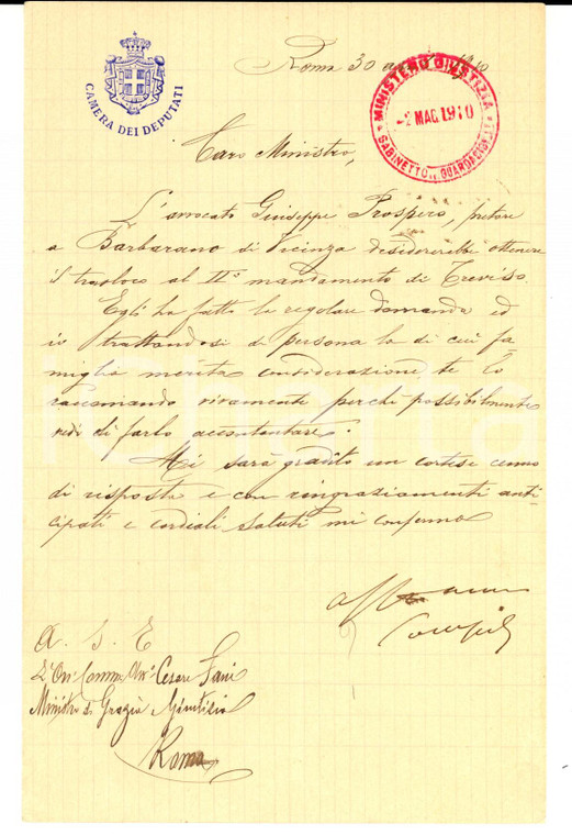 1910 ROMA On. Emilio CAMPI raccomanda pretore Giuseppe PROSPERO *Autografo