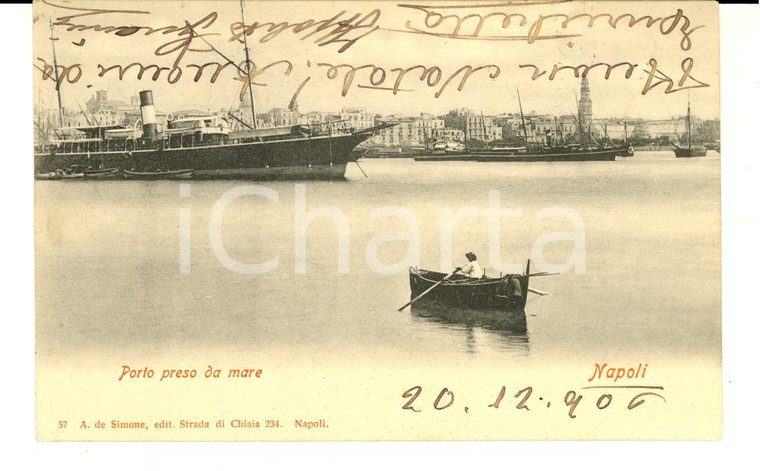 1906 NAPOLI Porto preso da mare con barca in viaggio*Cartolina ANIMATA FP VG