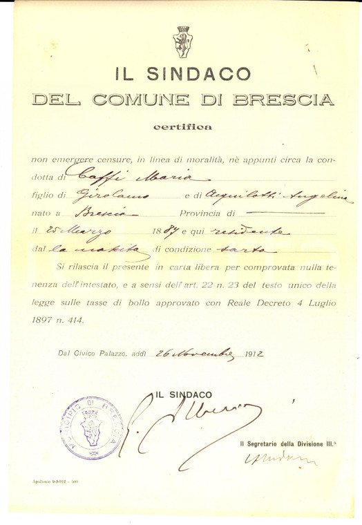1912 COMUNE DI BRESCIA Certificato di moralità e buona condotta di Maria CAFFI