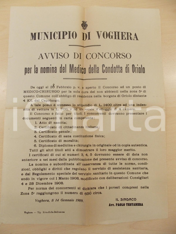 1909 VOGHERA (PV) Concorso per medico condotta di ORIOLO *Manifesto 32 x 44