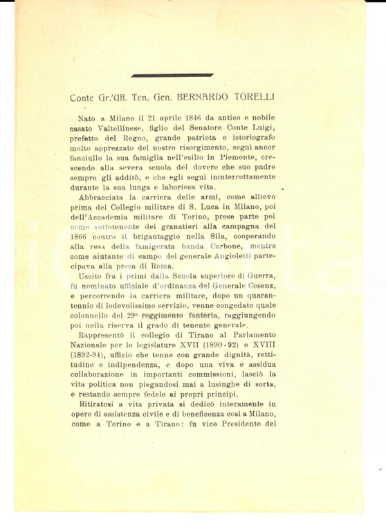 1927 LOMBARDIA NEL RISORGIMENTO Biografia del gen. Bernardo TORELLI *Volantino