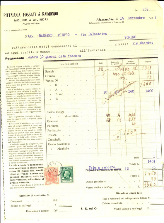 1931 ALESSANDRIA Molino a clilindri PITTALUGA FOSSATI & RAIMONDO *Fattura