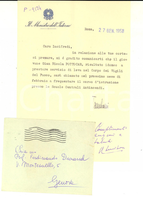 1958 ROMA Ministro Fernando TAMBRONI su giovane raccomandato *Autografo