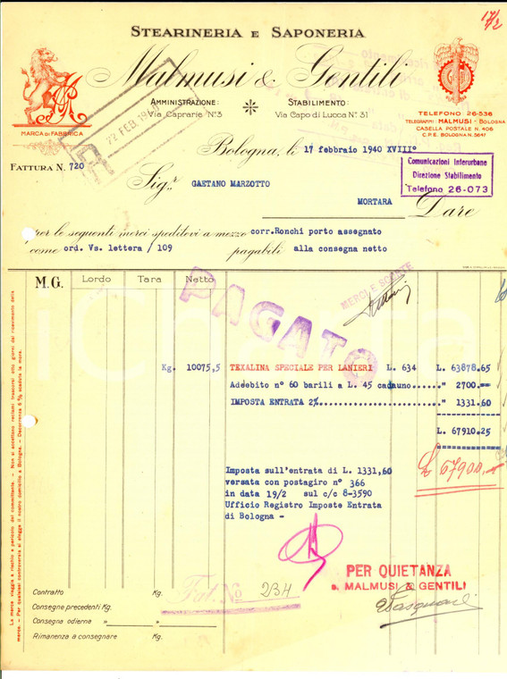 1940 BOLOGNA Stearinearia e saponeria MALMUSI & GENTILI *Fattura intestata
