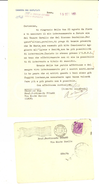 1955 ROMA Roberto LUCIFREDI promette intervento presso l'ONPI *Autografo