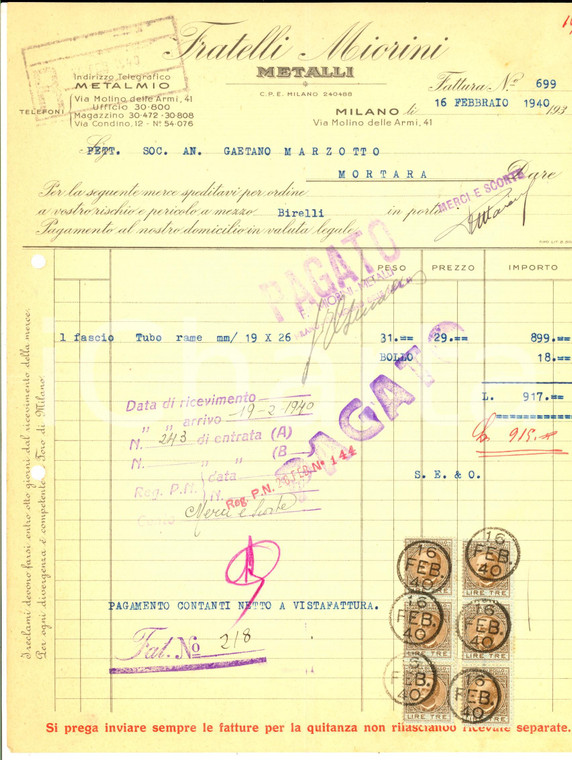 1940 MILANO Ditta FRATELLI MIORINI Metalli *Fattura intestata per tubo rame