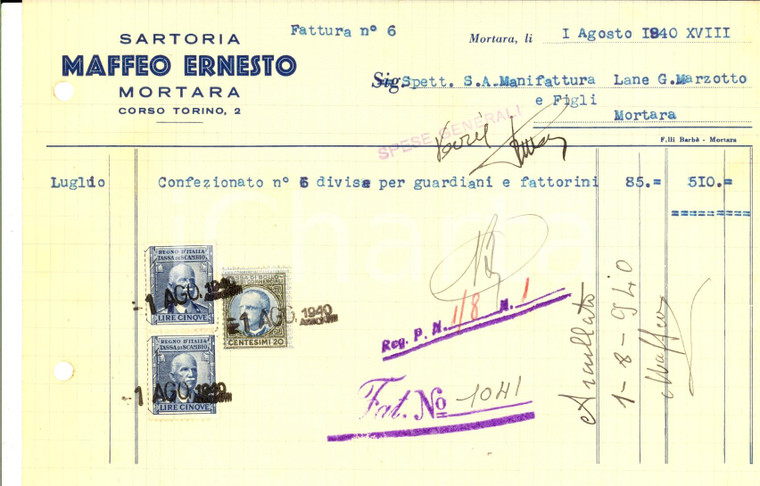 1940 MORTARA (PV) Sartoria Ernesto MAFFEO  *Fattura intestata per divise 