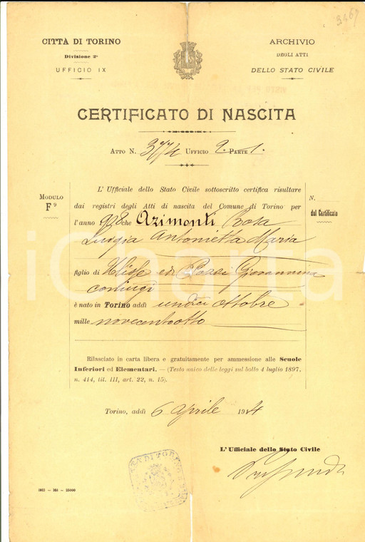 1914 TORINO Certificato di nascita di Rosa AZIMONTI *Documento