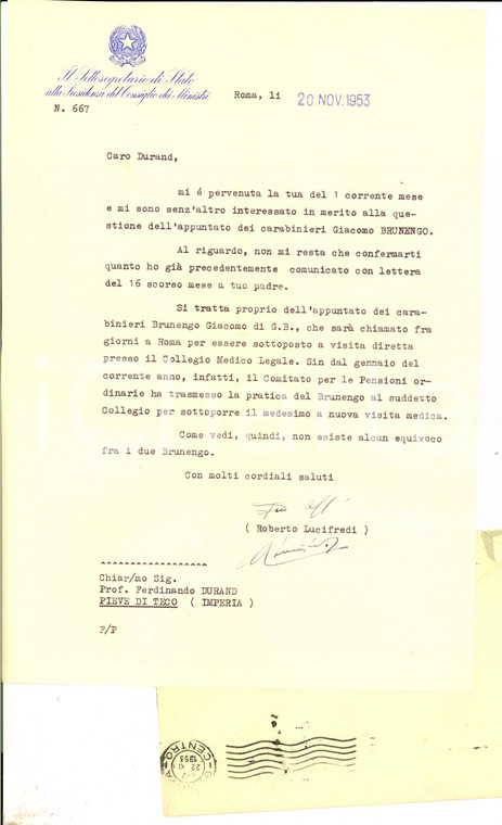 1953 ROMA Lettera Roberto LUCIFREDI su militare raccomandato *Autografo