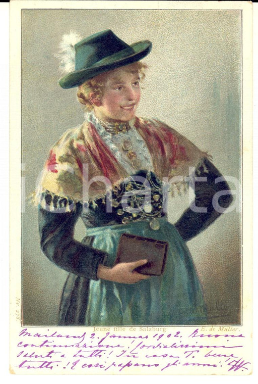 1902 COSTUMI AUSTRIA SALISBURGO Ritratto di ragazza *Cartolina illustrata FP VG