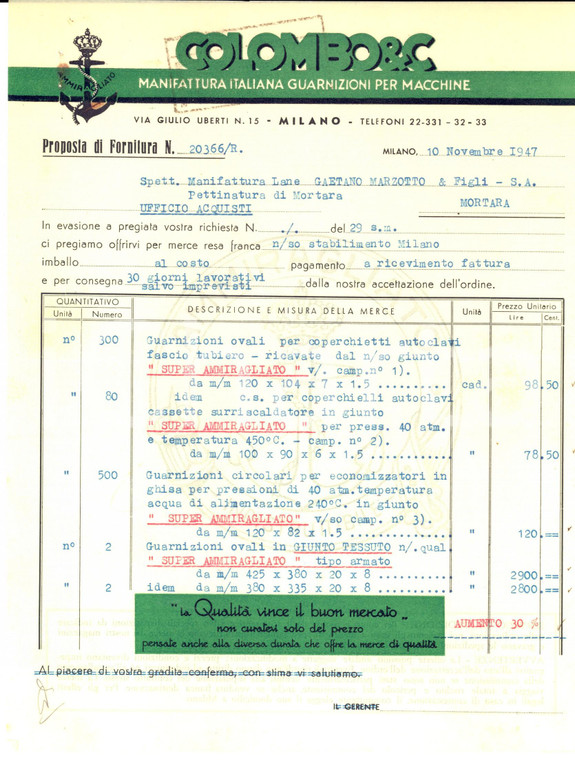 1947 MILANO Manifattura COLOMBO Guarnizioni per macchine *Fattura intestata 