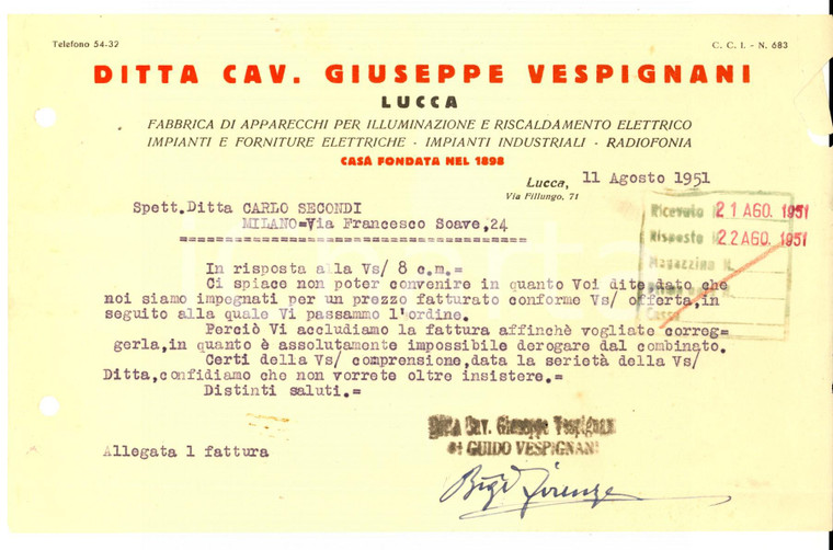 1951 LUCCA Ditta Cav. Giuseppe VESPIGNANI Illuminazione *Lettera commerciale