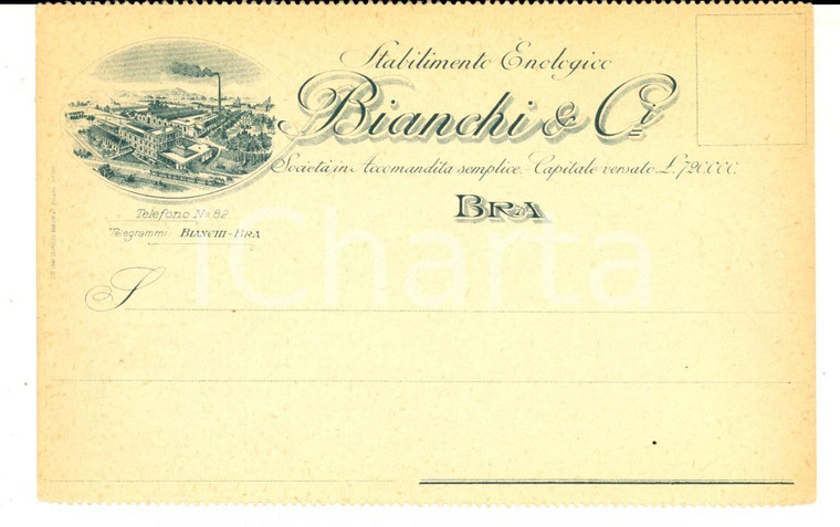 1900 ca BRA (CN) Stabilimento enologico BIANCHI & Ci *Biglietto pubblicitario