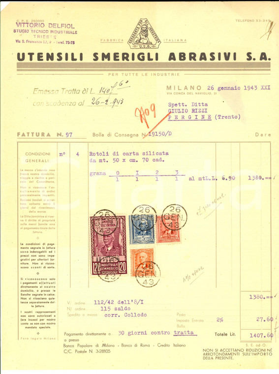 1943 MILANO Fabbrica Italiana Utensili Smerigli Abrasivi *Fattura con bolli